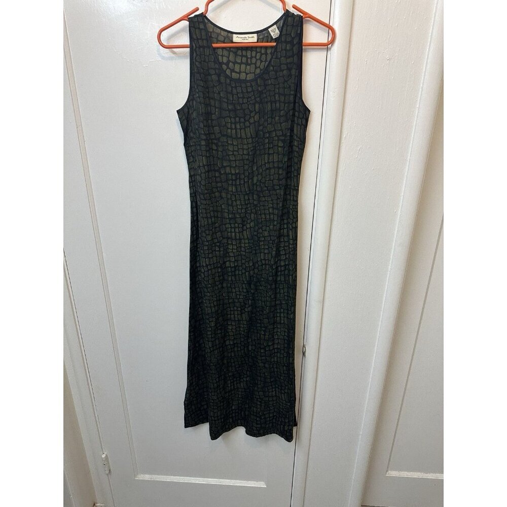 Amanda Smith Green Black 100% Silk Shift Dress Sleeveless S Snakeskin Print‎